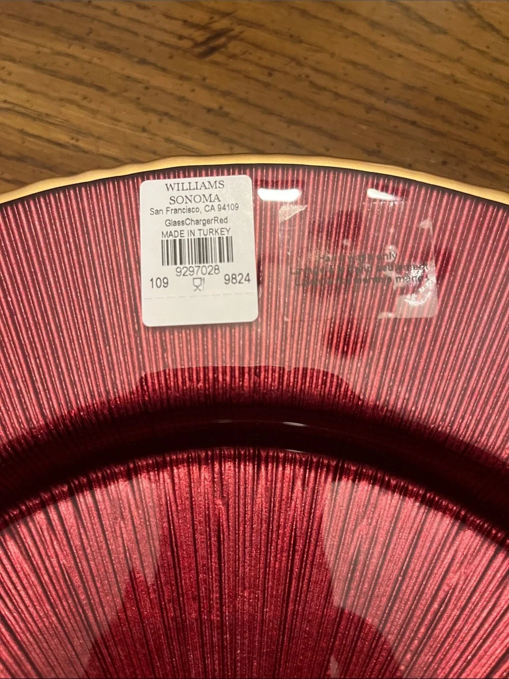 Williams Sonoma Red Charger Glass Plates with Gold Trim, new with tags